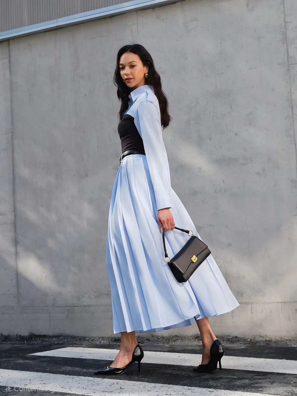 Commense Light Blue Asymmetrical Pleated Maxi Skirt - Picture 2 of 9